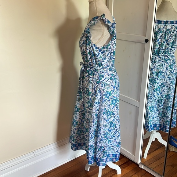 Talbots Blue and White Floral Square Neck Midi Dress Flutter Sleeves -NWT- 14P - Picture 6 of 11